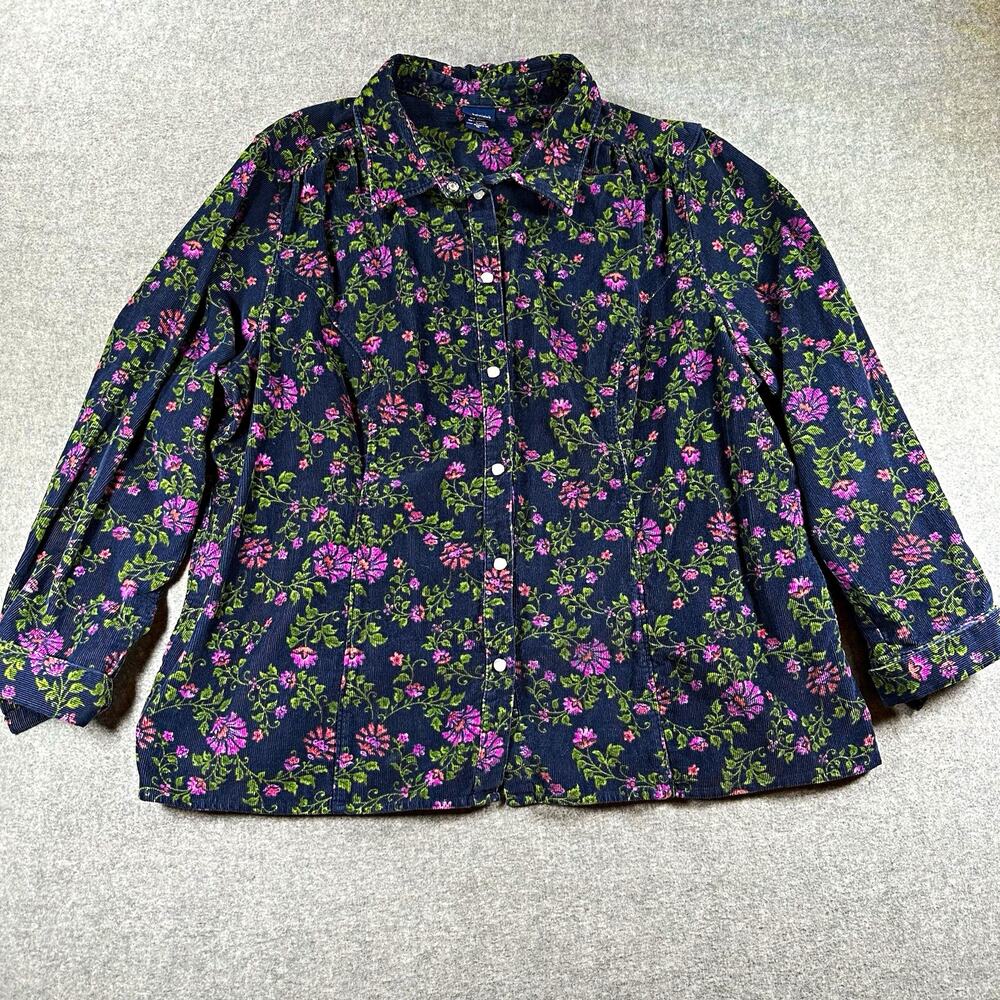 Basic Editions Navy Floral Corduroy Collared Button Up Blouse Long Sleeve 1X